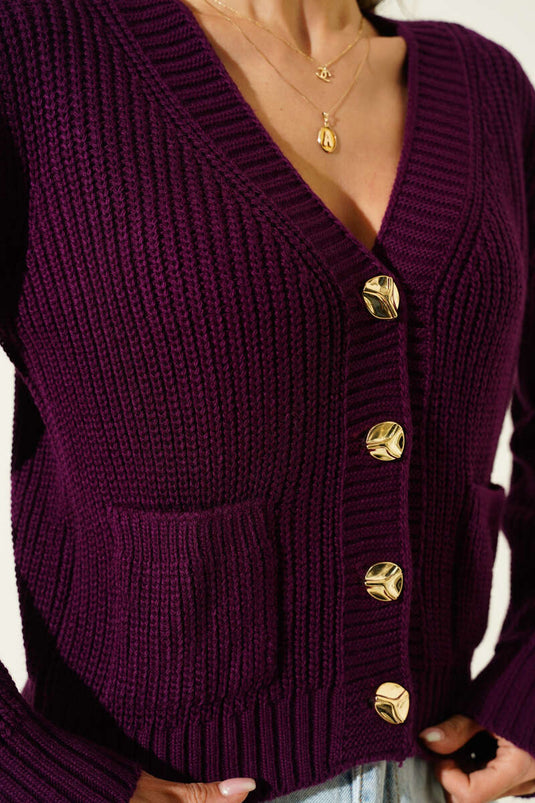 Double Pocket Short Cardigan with Rib Knit Pattern, Burgundy