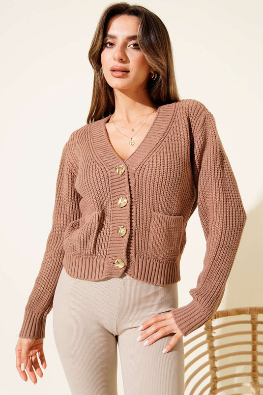 Cárdigan corto de punto Thessaloniki con dos bolsillos color café con leche