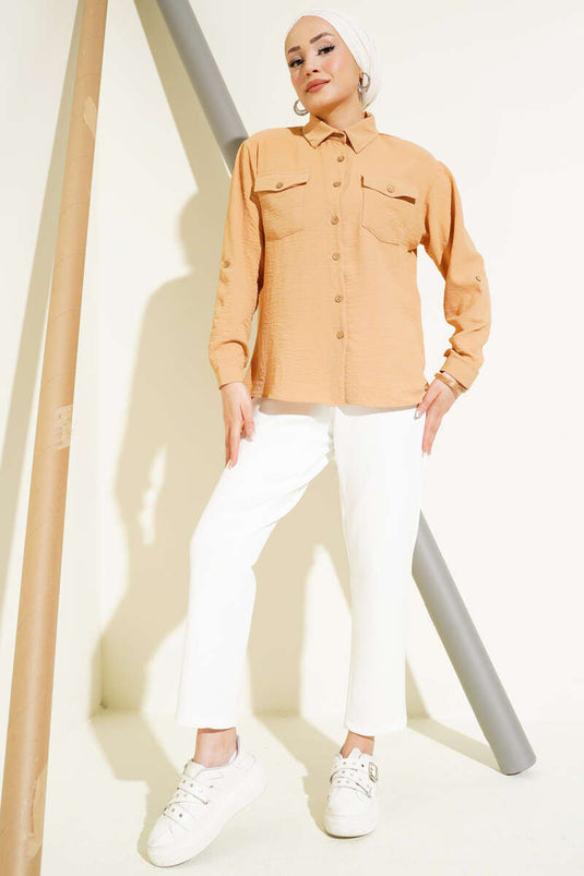 Chemise à double poche avec boutons en bois Biscuit