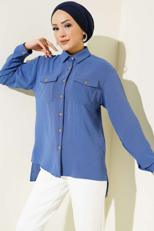 Chemise à double poche avec boutons en bois indigo