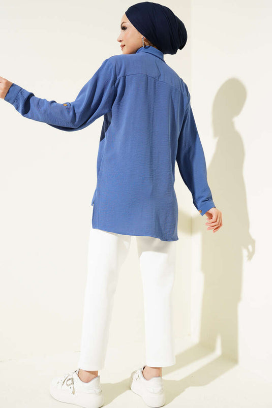 Chemise à double poche avec boutons en bois indigo