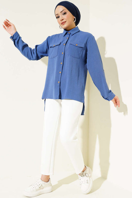 Chemise à double poche avec boutons en bois indigo