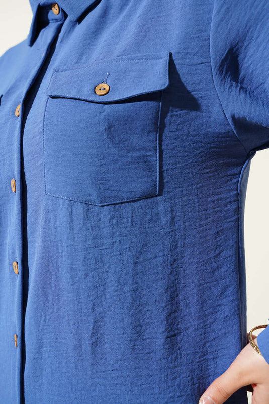 Chemise à double poche avec boutons en bois indigo
