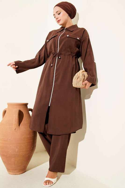 Çift Cepli Tensel İkili Takım Kahve