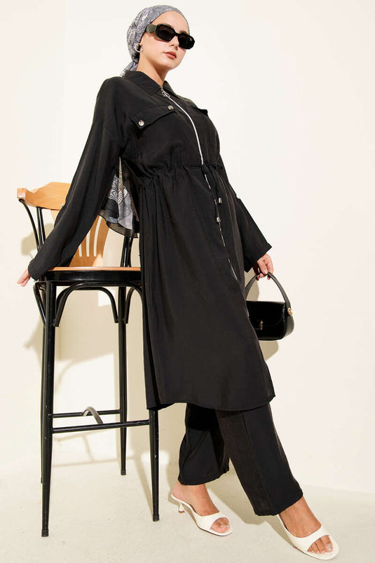 Double Pocket Tencel Two Piece Suit Black