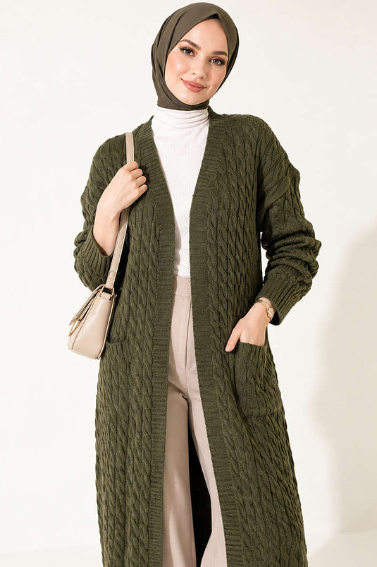 Lange Strickjacke Mit Doppeltaschen In Khaki
