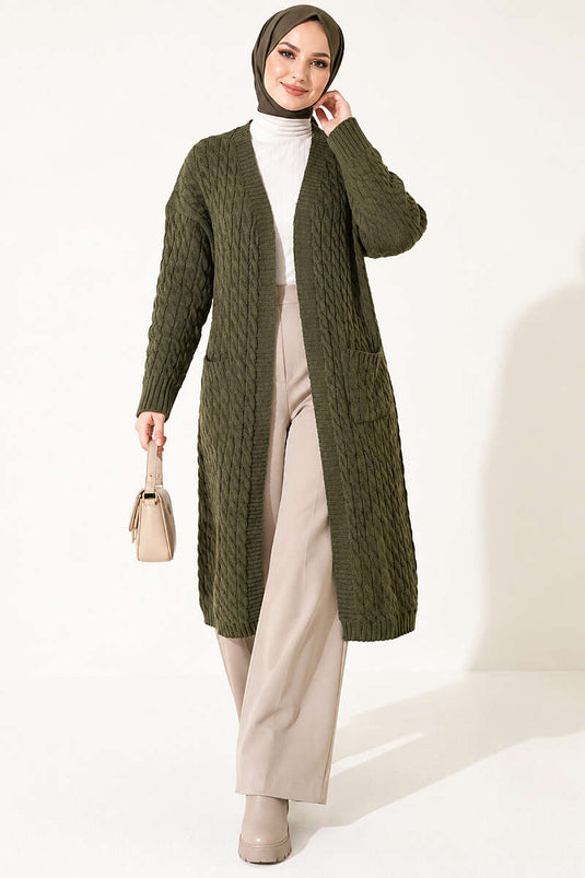 Lange Strickjacke Mit Doppeltaschen In Khaki