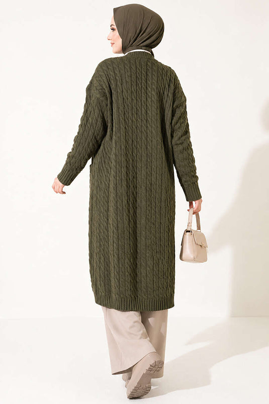 Lange Strickjacke Mit Doppeltaschen In Khaki