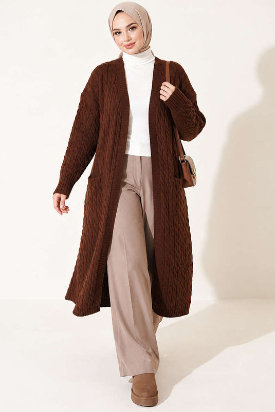 Long Knit Cardigan With Double Pockets In Brown
