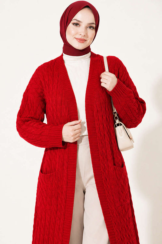 Lange Rote Strickjacke Mit Doppel-Taschen