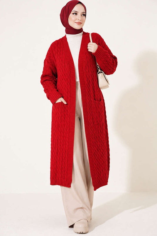 Lange Rote Strickjacke Mit Doppel-Taschen