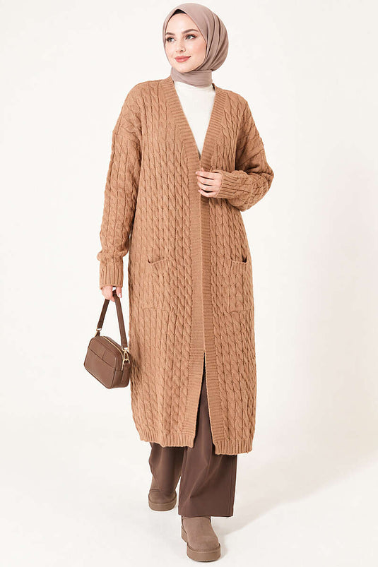 Lange Strickjacke Mit Doppeltaschen Latte