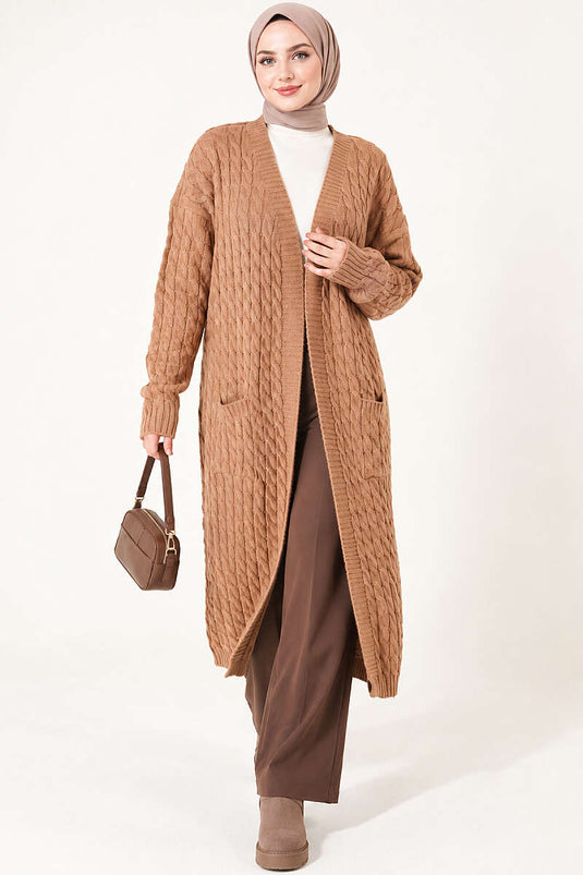 Lange Strickjacke Mit Doppeltaschen Latte