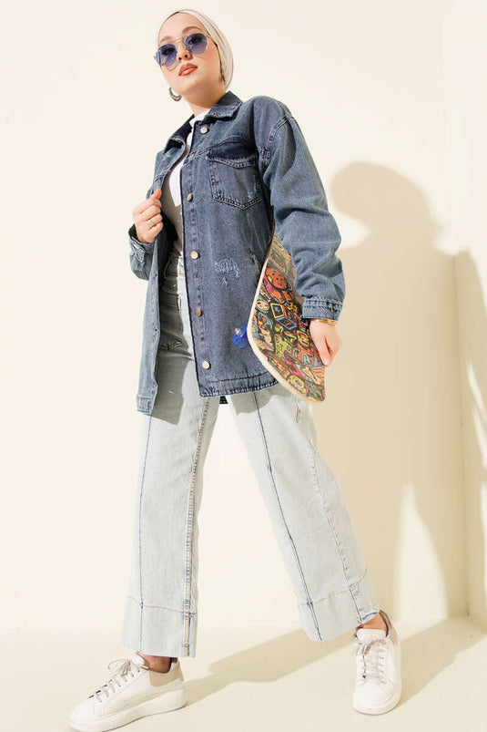 Giacca in denim blu con doppia tasca