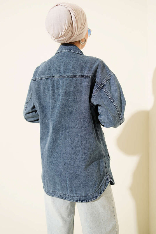 Giacca in denim blu con doppia tasca