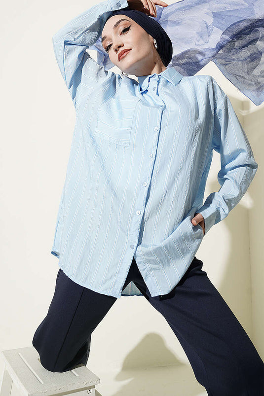 Camicia Hella Oversize a Doppia Riga Azzurro Bebe