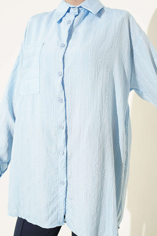 Camicia Hella Oversize a Doppia Riga Azzurro Bebe
