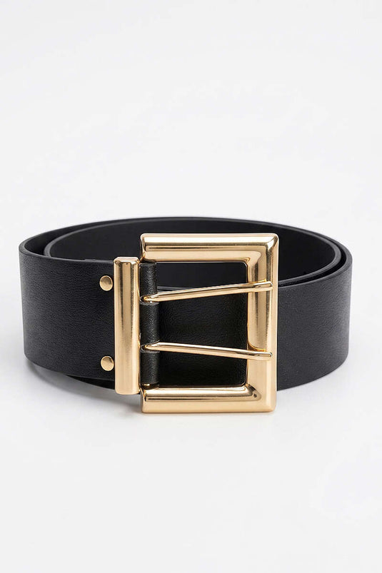 Black Square Metal Buckle Belt with Double Holes