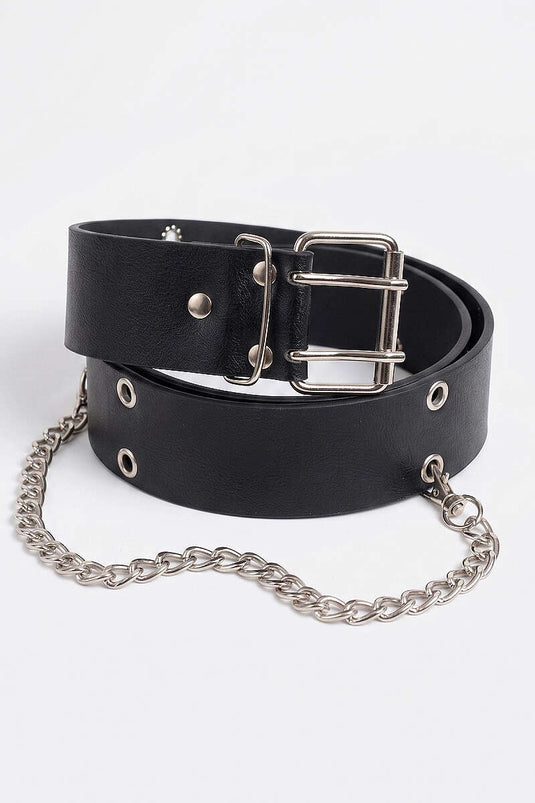 Double-Holed Chain Belt Black Silver