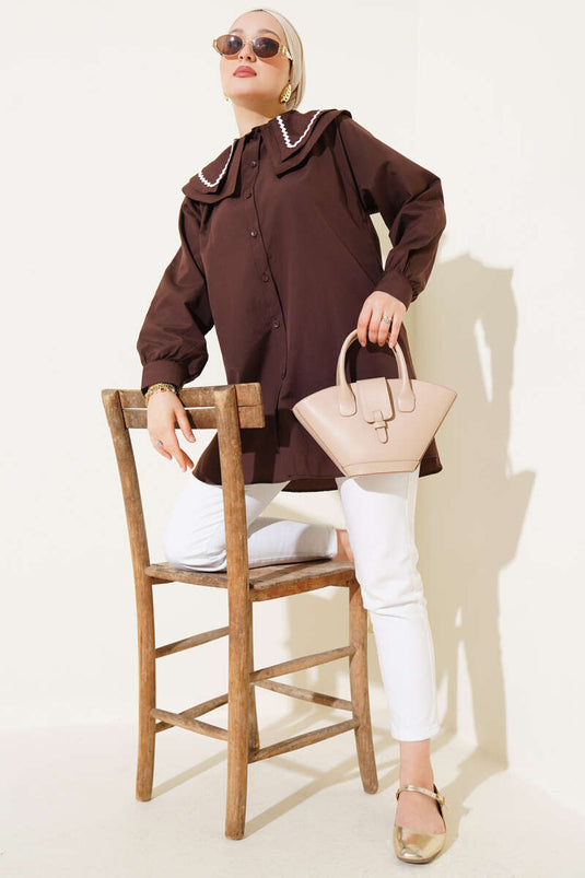 Çift Denizci Yaka Zikzaklı Gömlek Kahve