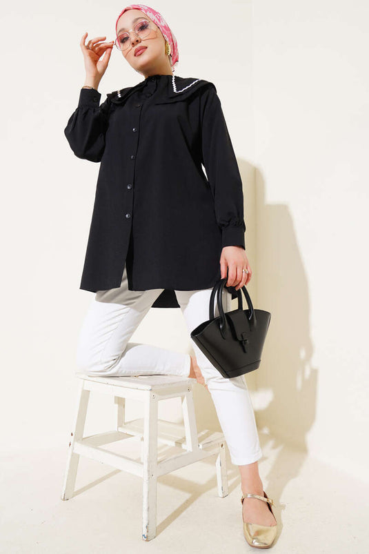 Çift Denizci Yaka Zikzaklı Gömlek Siyah