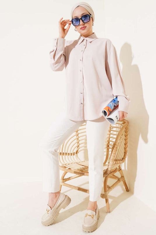 Double Button Cuffed Chiffon Shirt Beige