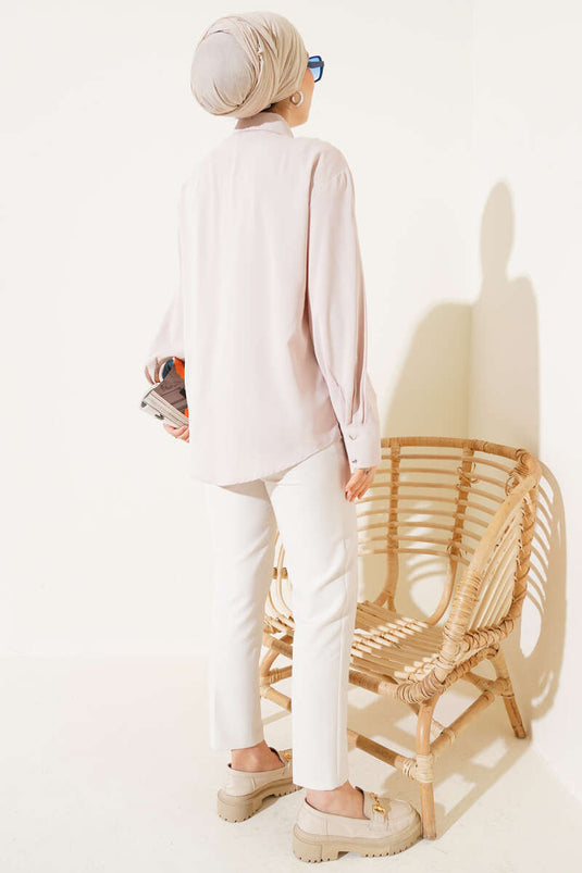 Double Button Cuffed Chiffon Shirt Beige