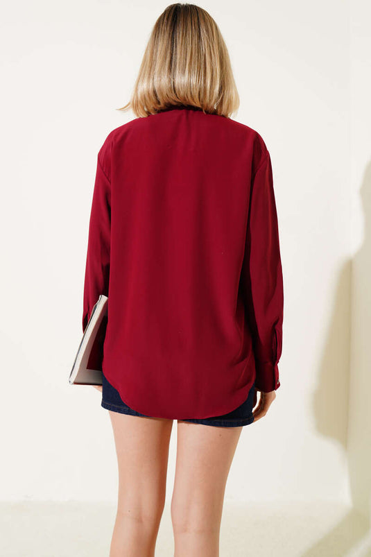 Double Button Cuffed Chiffon Shirt Burgundy