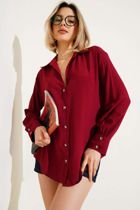 Double Button Cuffed Chiffon Shirt Burgundy