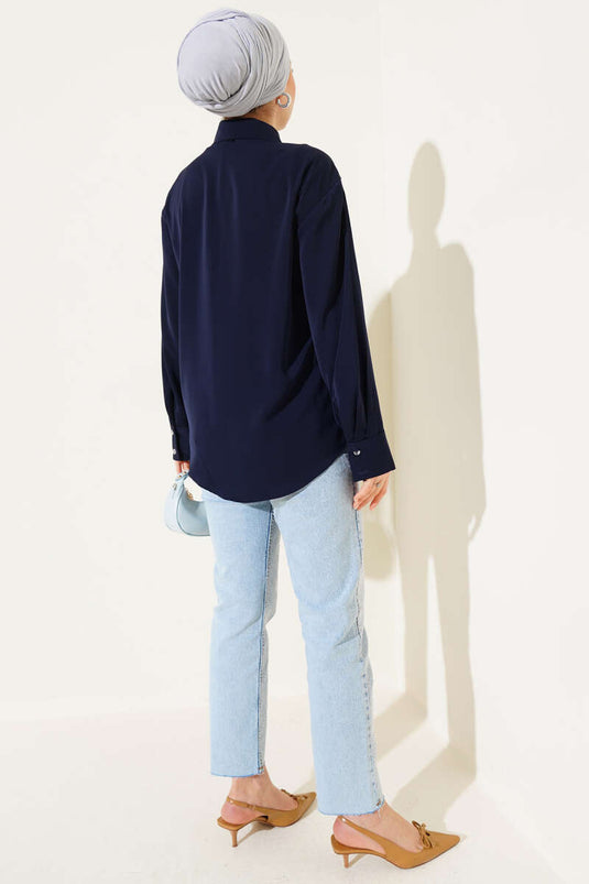 Double Button Cuffed Chiffon Shirt Navy Blue