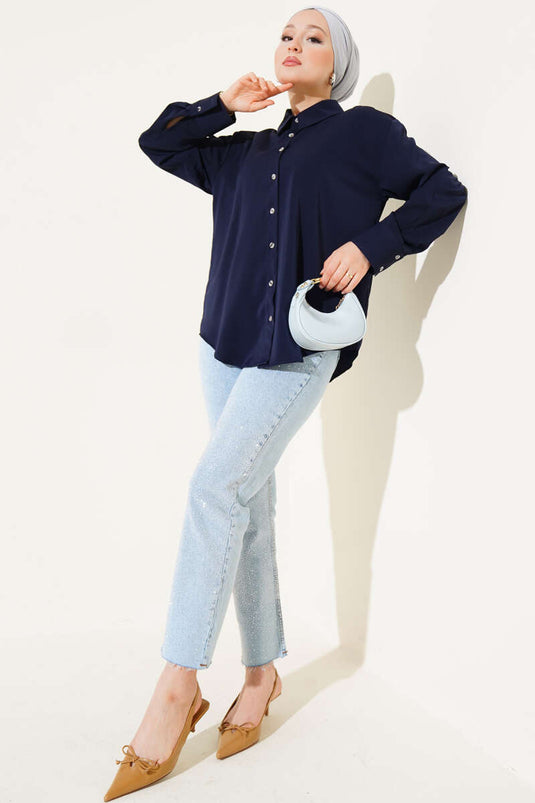 Double Button Cuffed Chiffon Shirt Navy Blue