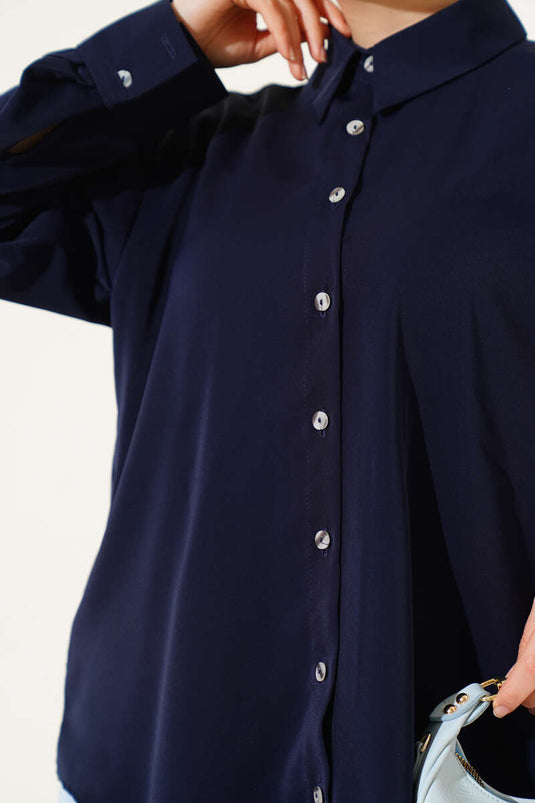 Double Button Cuffed Chiffon Shirt Navy Blue