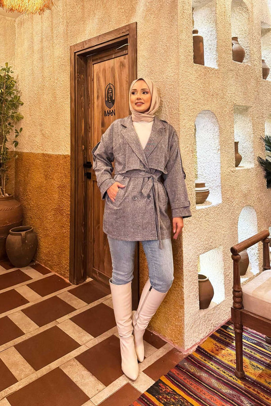 Trench-coat court doublé à double boutonnage indigo