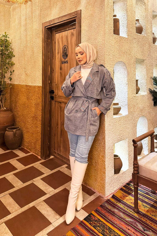 Trench-coat court doublé à double boutonnage indigo