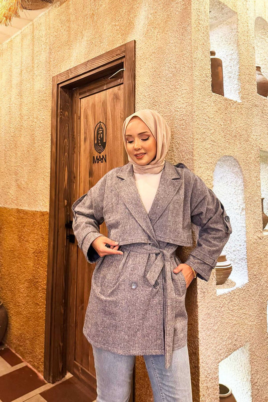 Trench-coat court doublé à double boutonnage indigo