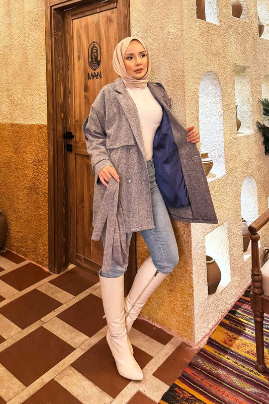 Trench-coat court doublé à double boutonnage indigo