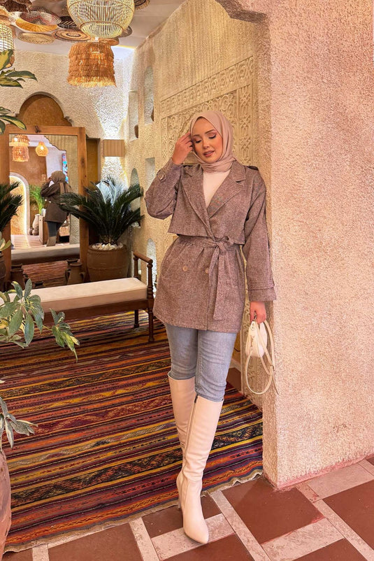 Trench-coat court doublé à double boutonnage marron