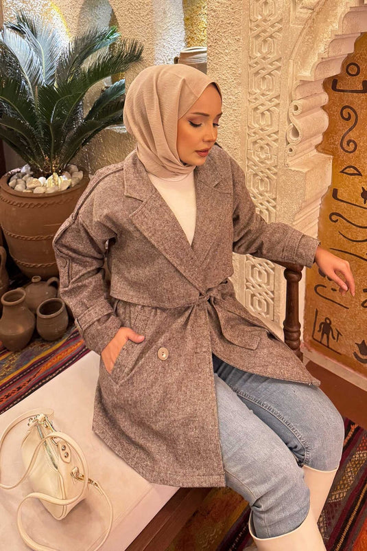 Trench-coat court doublé à double boutonnage marron