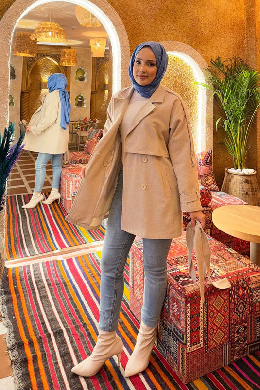 Trench-coat court doublé à double boutonnage pierre