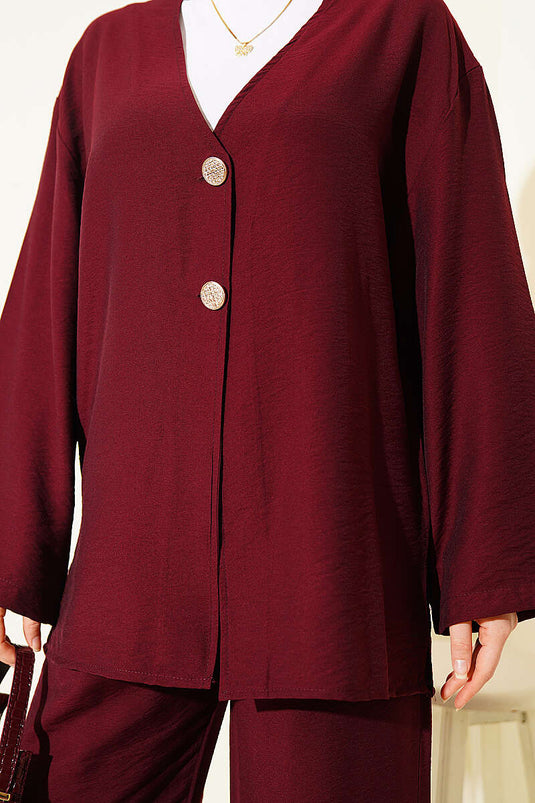 Çift Düğmeli Kimono İkili Takım Bordo