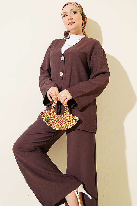 Çift Düğmeli Kimono İkili Takım Kahve