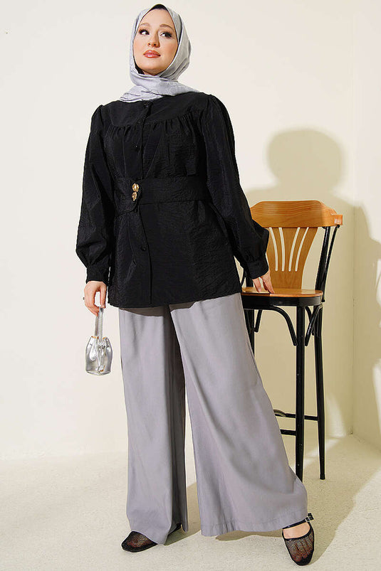 Chemise Noire À Double Boutons Et Ceinture