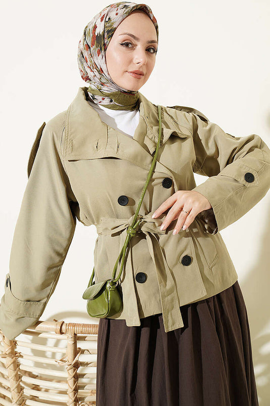 Double Button Belted Short Trench Coat In Sage Green