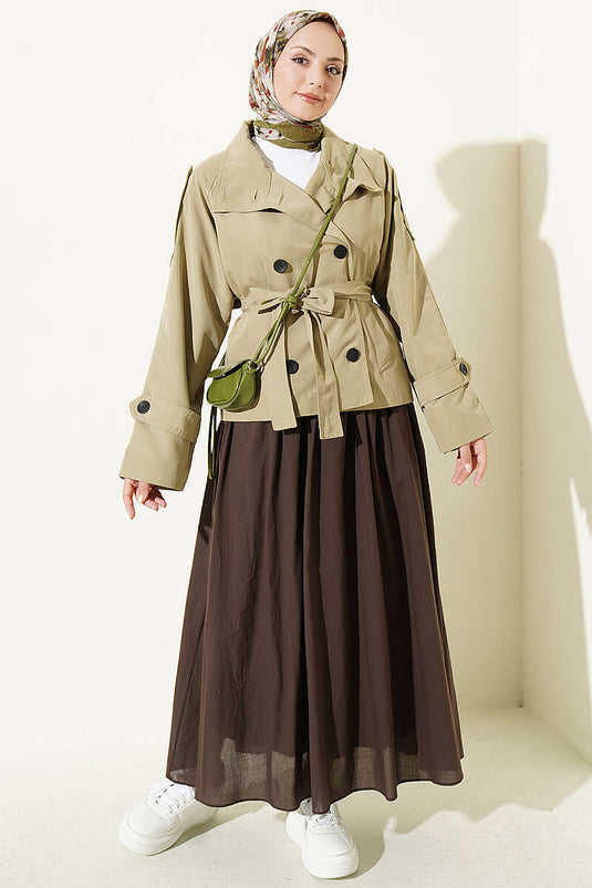 Double Button Belted Short Trench Coat In Sage Green