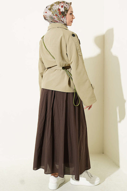 Double Button Belted Short Trench Coat In Sage Green