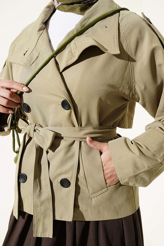 Double Button Belted Short Trench Coat In Sage Green