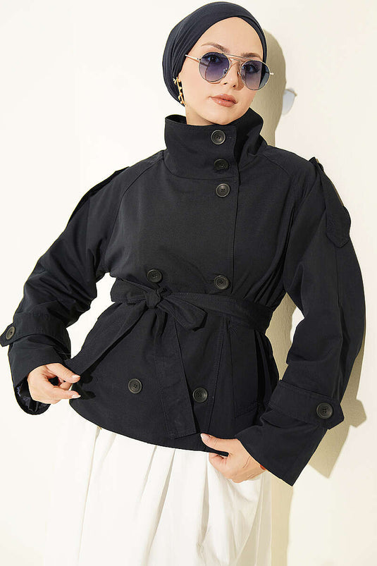 Double Button Belted Short Trench Coat Navy