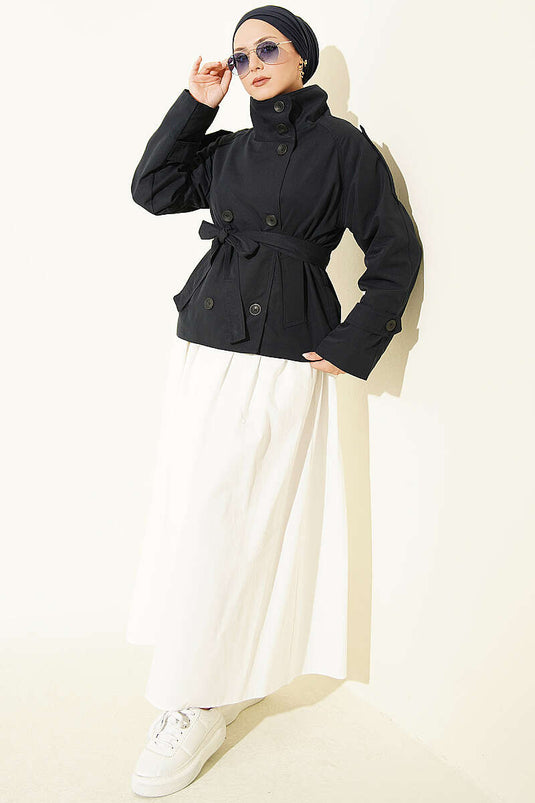 Double Button Belted Short Trench Coat Navy