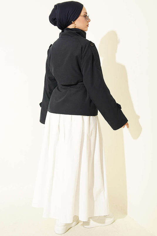 Double Button Belted Short Trench Coat Navy
