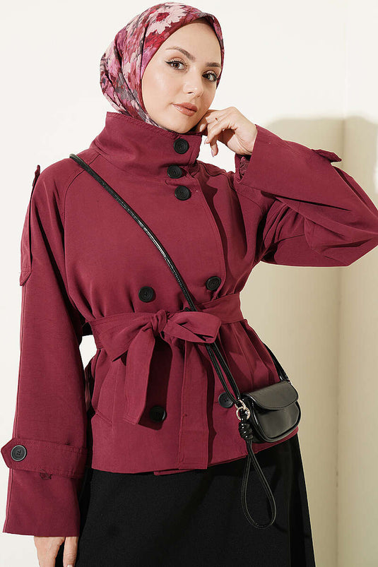 Kort Trenchcoat Met Dubbele Knopen En Riem In Kersenkleur
